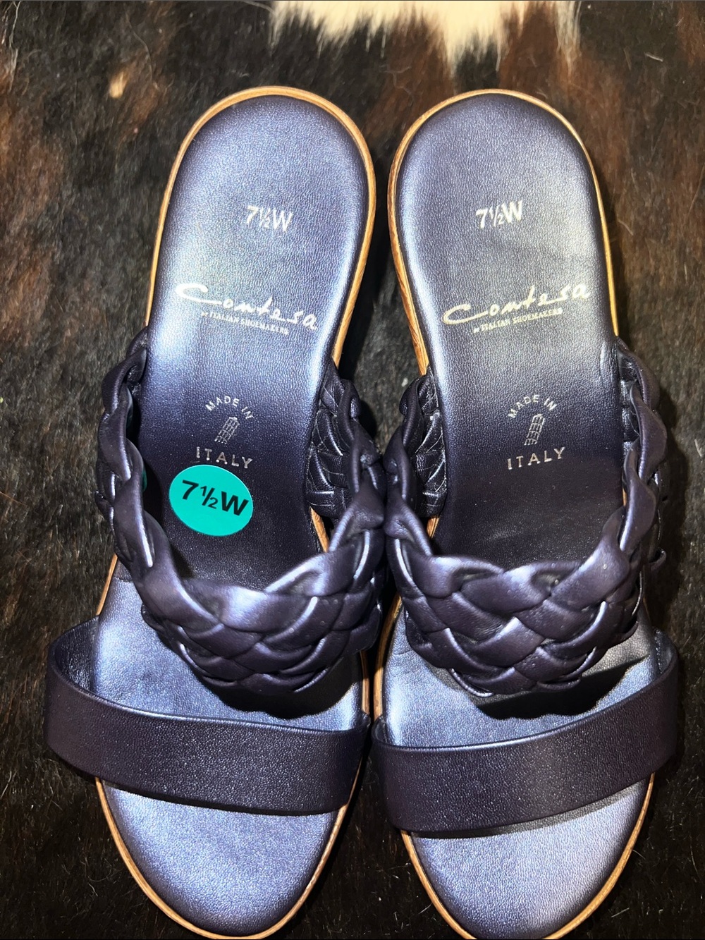 NWOT! Contesa Made in Italy Metallic Navy Braided Wedge Sandals - Women 7.5W